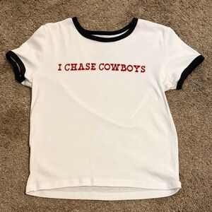 I Chase Cowboys Graphic Ringer Tee - White with Black Trim
